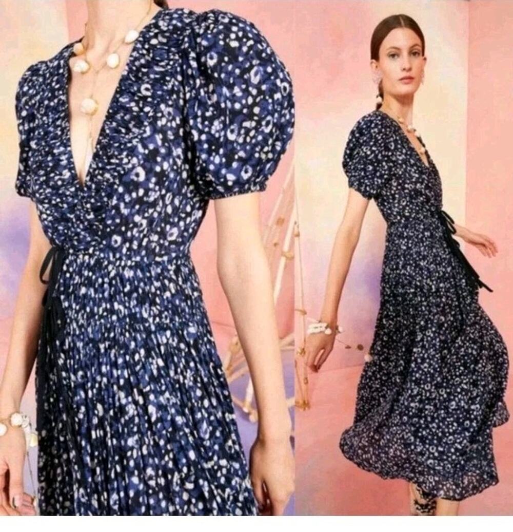 ULLA JOHNSON Kemala COTTON Puff Sleeve Midi Dress Blue/White Floral 4